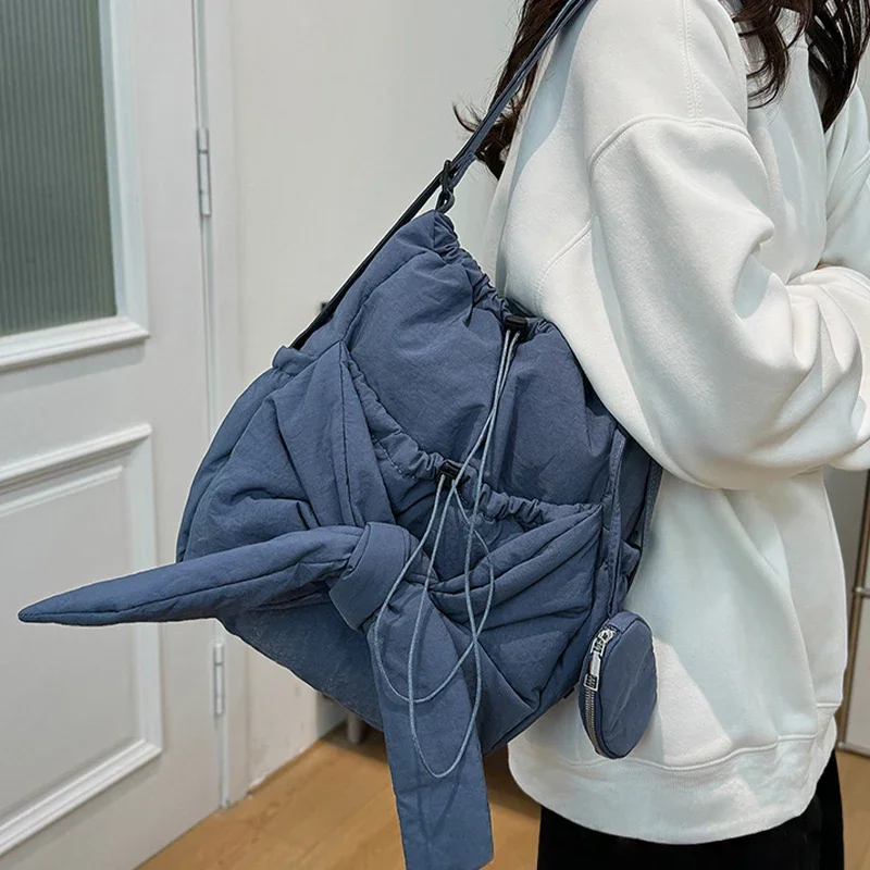 

Women Simple Shoulder Bag Large Capacity Bow Drawstring Backpack Solid Color Daily Tote Handbag Ladies Travel Backpack