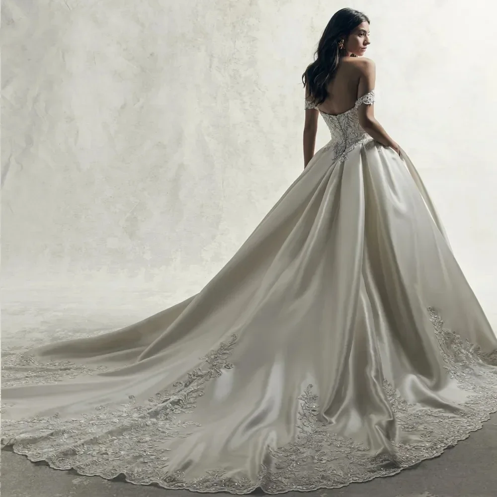 CustomizedSatin Off Shoulder Sleeves Wedding Dress Beading Pearls princess Bridal Gowns Delicate lace Vestido de novia