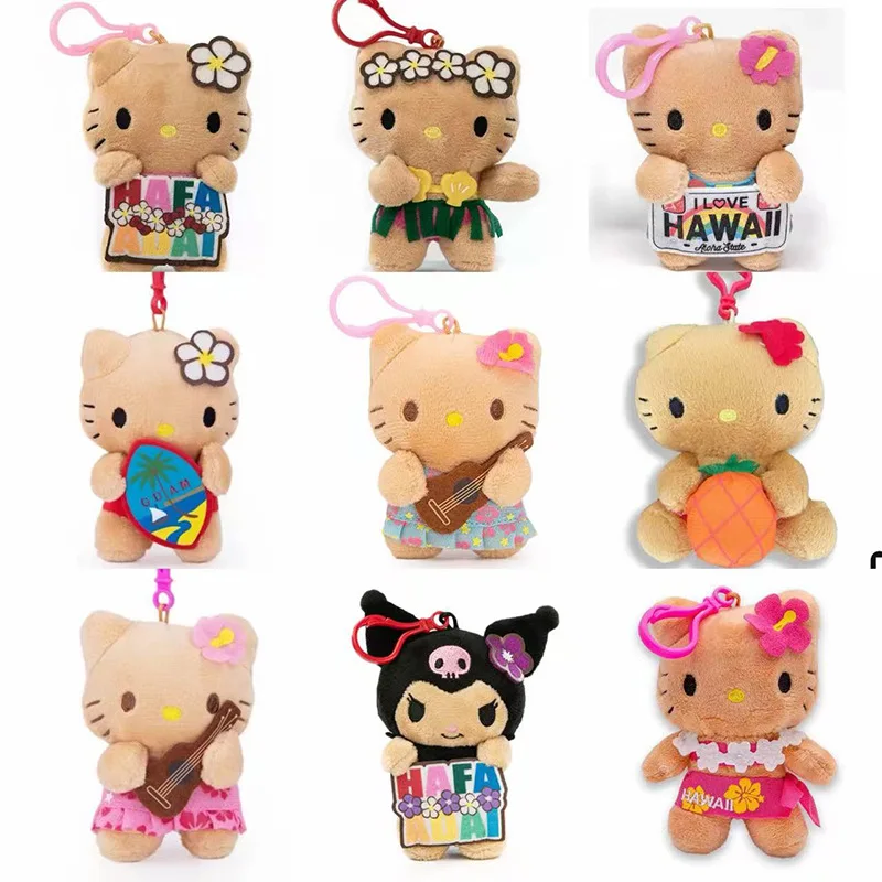 

Sanrio Hello Kitty & Kuromi Hawaii Plush Keychain Set, Tropical Themed Plush Charms, Kawaii Bag Accessories for Fans & Gifts