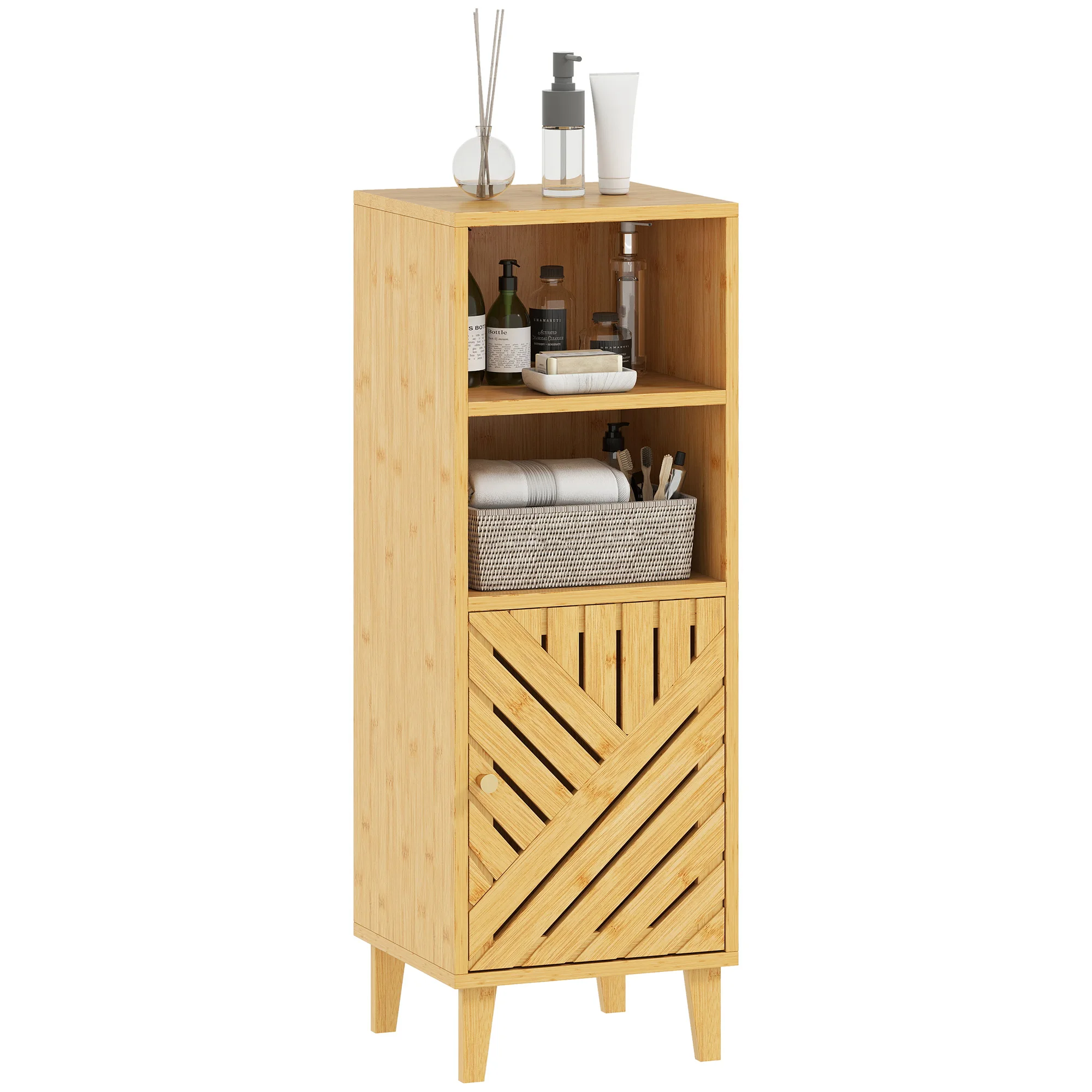 Mobile bagno HOMCOM, mobiletto contenitore con 1 armadietto, 2 scomparti aperti, anta e piedini in bambù, 32x30x90 cm, effetto naturale