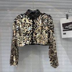 Inverno New Fashion Show Performance paillettes sfumate colorate Water Diamond Stand Neck cappotto corto giacche da donna