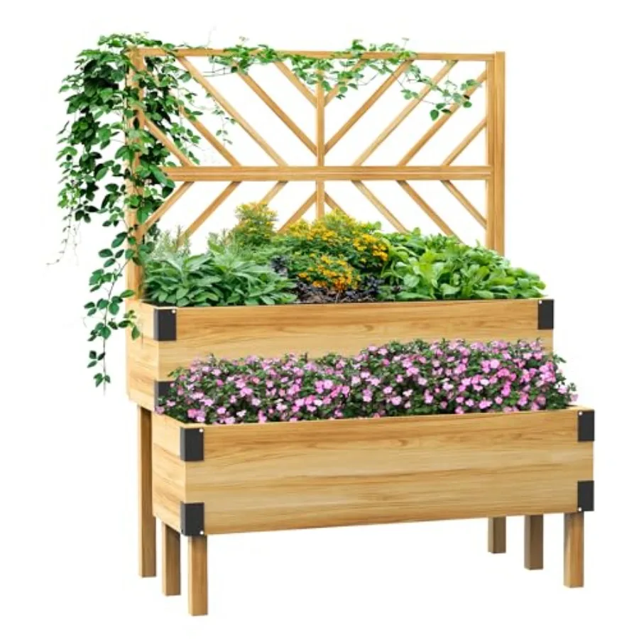 Raised Garden Bed with Trellis 2 Tier Wooden Elevated Planter Box with Legs and Metal Corners for Vegetables Flowers Herbs Natu