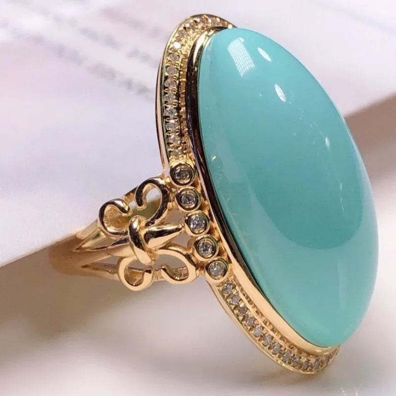 Natural Turquoise rhombus rings for women Creative Fresh Vintage glossy Green horse-eye pointed Ring Engagement Banquet Jewelry