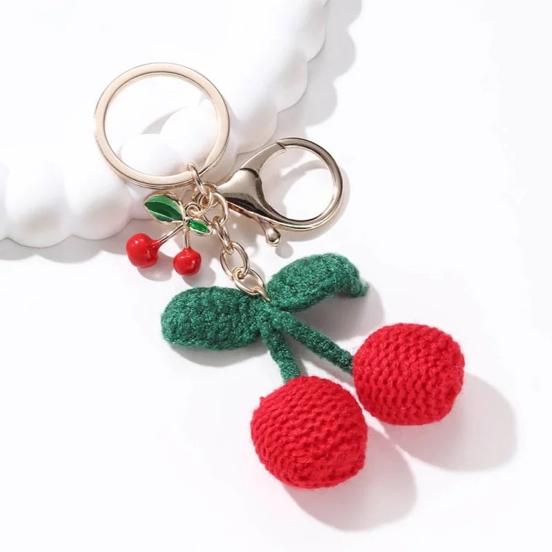 Niedlicher handgemachter Garn tropfender Kirsch-Schlüsselanhänger, Obst- und Pflanzen-Schlüsselanhänger für Frauen und Mädchen, gutes Freundschaftsgeschenk, handgefertigter Schmuck