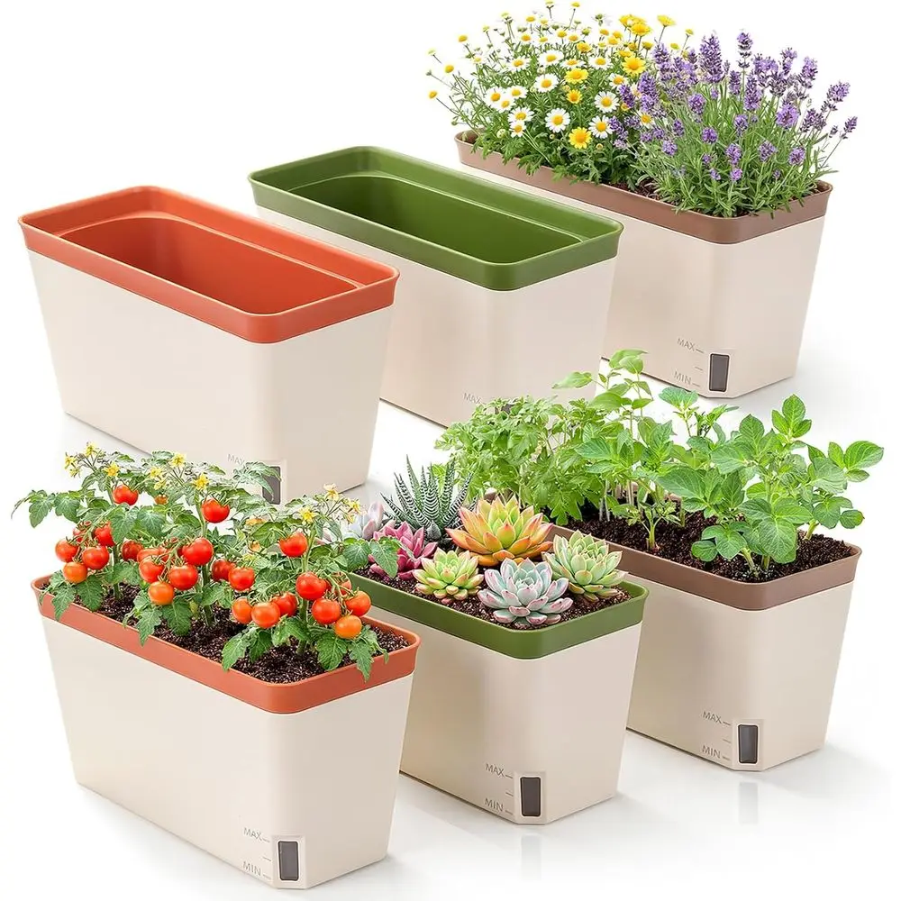 

OurWarm Windowsill Herb Planter Box Set o 6, 10.5 Inch Sel Watering Pots or Indoor Plants, lower Box with Water Level Window, Co