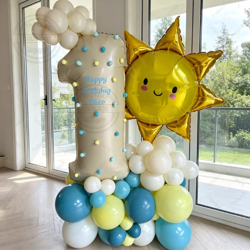 58pcs Smiling Sunflower Sun Balloon Cream White Number Birthday Balloon Set Festive Party Decoration Baptismal Supplies
