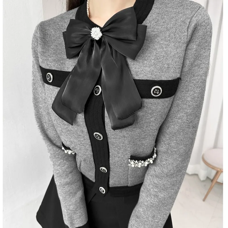 

Korean Style Short Butterfly Knot Beaded Sweater Women's Autumn Winter New Arrival O-Neck Long Sleeve Knitted Cardigan Outerwear