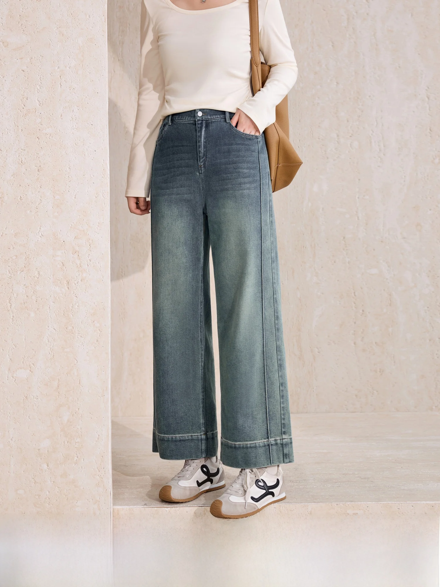 

High Waist Loose Fit Blue Jeans Elastic Waist Wide Leg Pants Versatile Straight Cut Commute Sle Cotton Blend Big Size Women