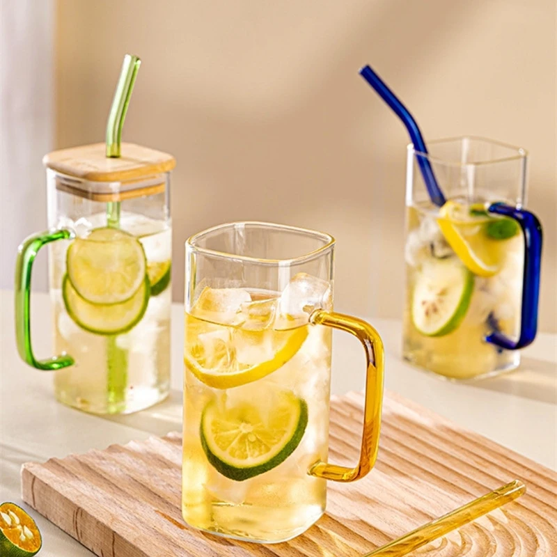 

400ml Square Glass Mug With Lid and Straw Breakfast Milk Cup Microwave Safe Transparent Party Beer Coffee Mug Drinkware Bar Tool