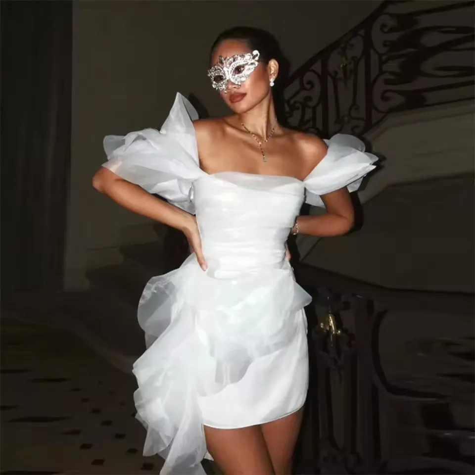 

White Off The Shoulder Ruffles Short Sleeves Above Knee Evening Gowns Zipper Back Girls Cocktail Party Dress Short Prom Dresses