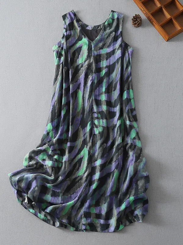 

High-End Summer Long Dress Women's plus Size Fashion Artistic Slimming Sleeveless Vest Dress V-Neck A-Line Skirt Print Casual