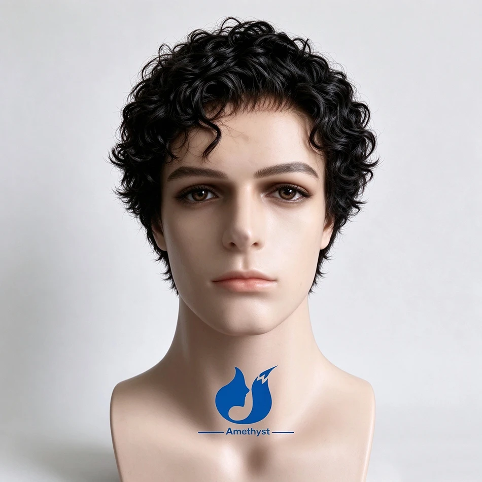 Amethyst Curly Full Lace Wig for Men Short Pixie Cut Brazilian Remy Human Hair Bleached Pre Styled Male Hair Natural Black