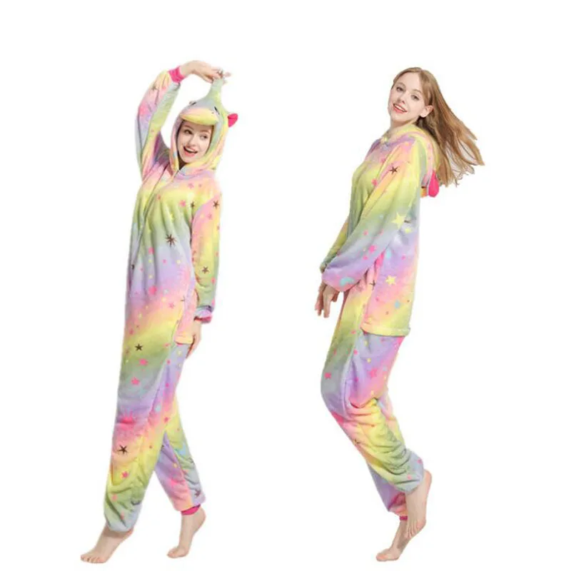 Adult Women Flannel Kigurumi Cosplay Unicorn Hoodie Warm Soft Homewear Girls Party Shine Cosplay Onesie