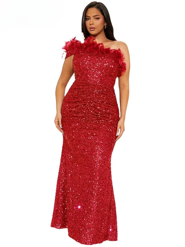 New Luxury Sequined Feather One Shoulder Sleeveless Slanted Collar Backless Purple Long Dress  Women Birthday Party Event Gowns