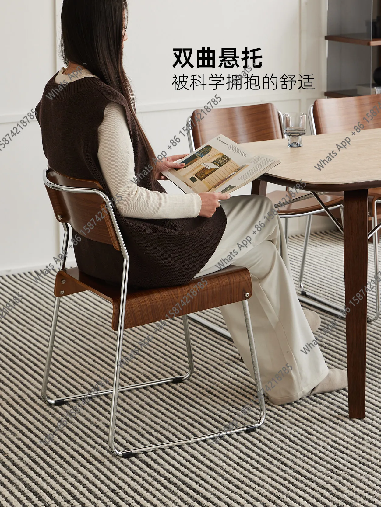 Dining chair medieval retro style solid wood backrest can be stacked walnut color home light luxury high-end dining stool