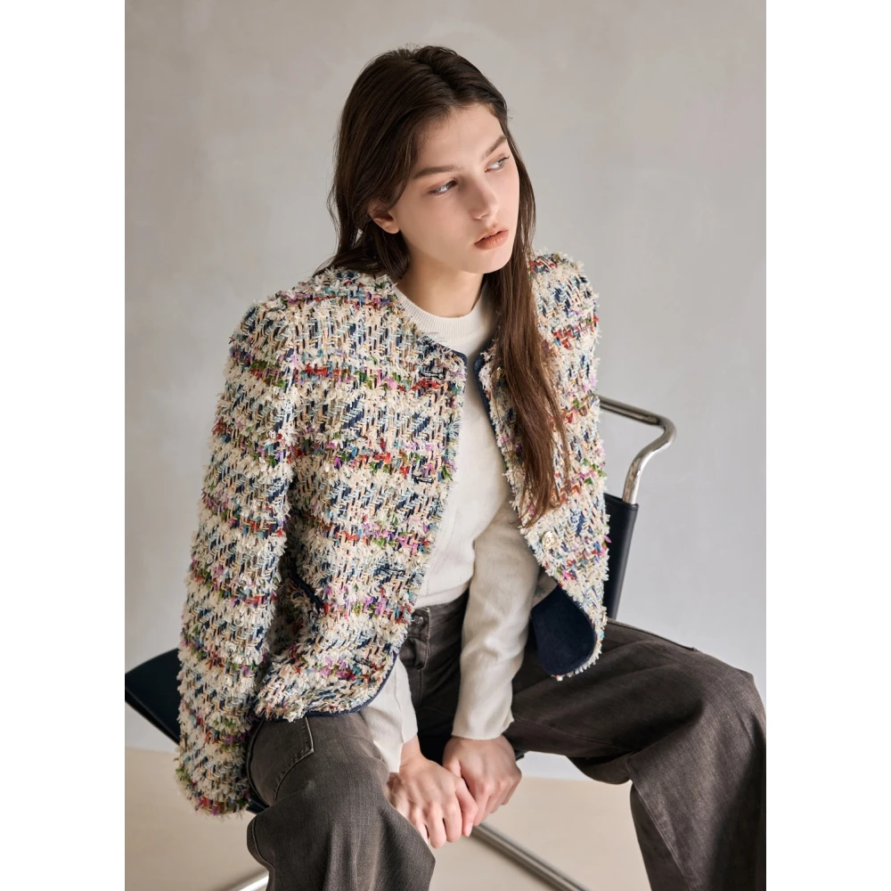 

MICOAT Original Spring 2024 Women's ort Bouclé Jaet with Tassel Weave Ele Luxury Color Stripe Design Lady's Coat