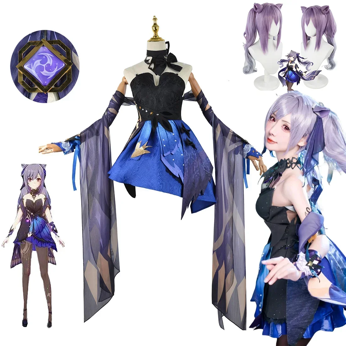 

Genshin Impact Keqing Opulent Splendor Косплей Костюм Полный комплект Новая кожа Кошачьи ушки Парики Платье для женщин Вечеринка Игровой наряд