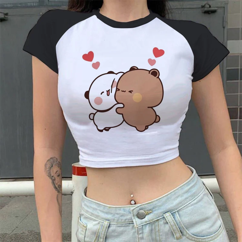 Cartoon Panda Bear Bubu e Dudu T Shirt donna Top Kawaii stampato Harajuku Ullzang Tees o-collo Anime femminile Crop Top estate