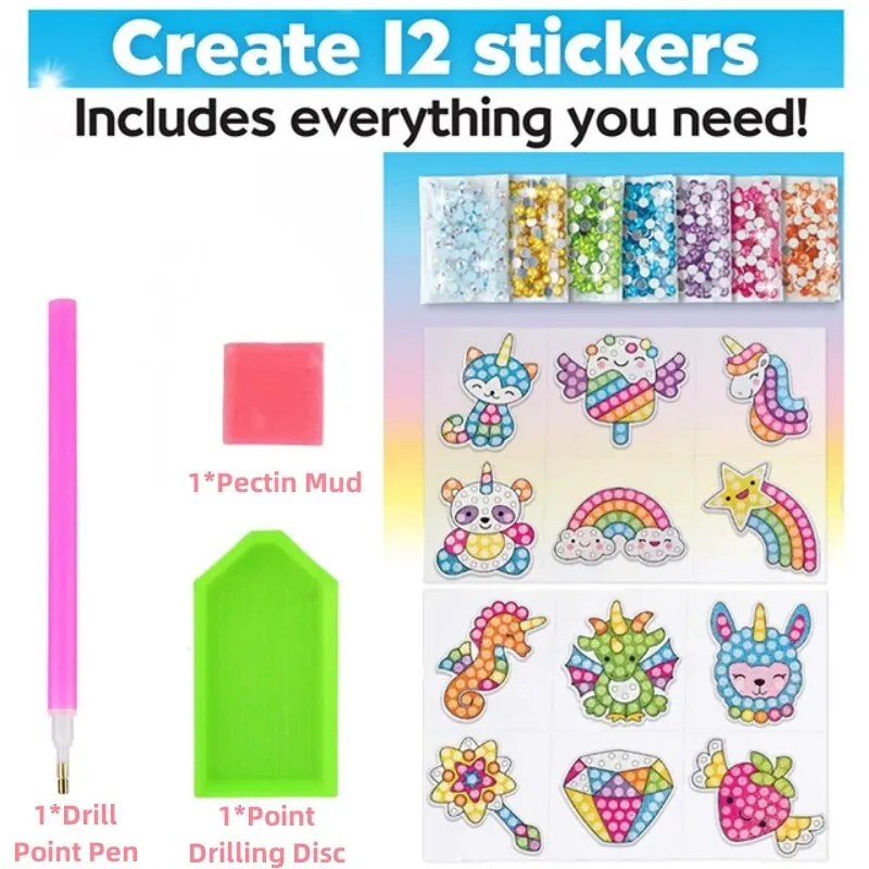 DIY 12 Stickers Diamond Paintings Kit Create Arts Education Craft Magical Design Cartoon Handmade Toys Children Birthday Gift