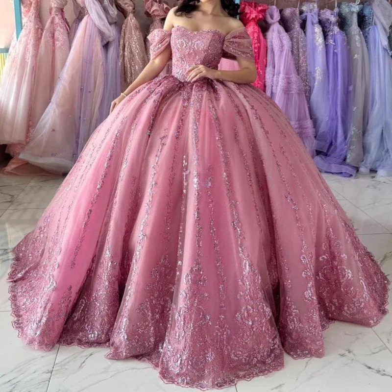 Glitter Roze Quinceanera Jurken Pailletten Sweetheart Off-Shoulder Tule Baljurk Vestidos De 15 Jaar XV Verjaardag Aangepaste