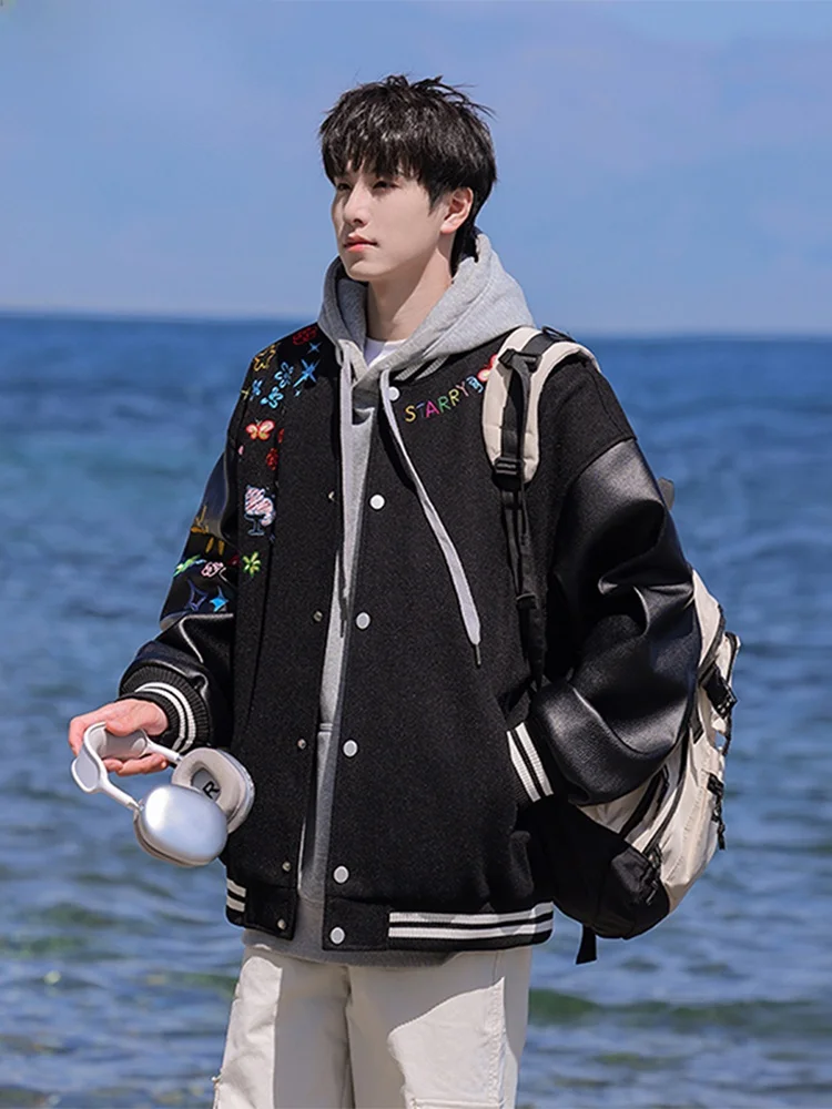 

Wassup Happy American Sle Motorcycle Jaet Men's Loose Fit Autumn Winter New Faionable Baseball Coat Polyester Fiber