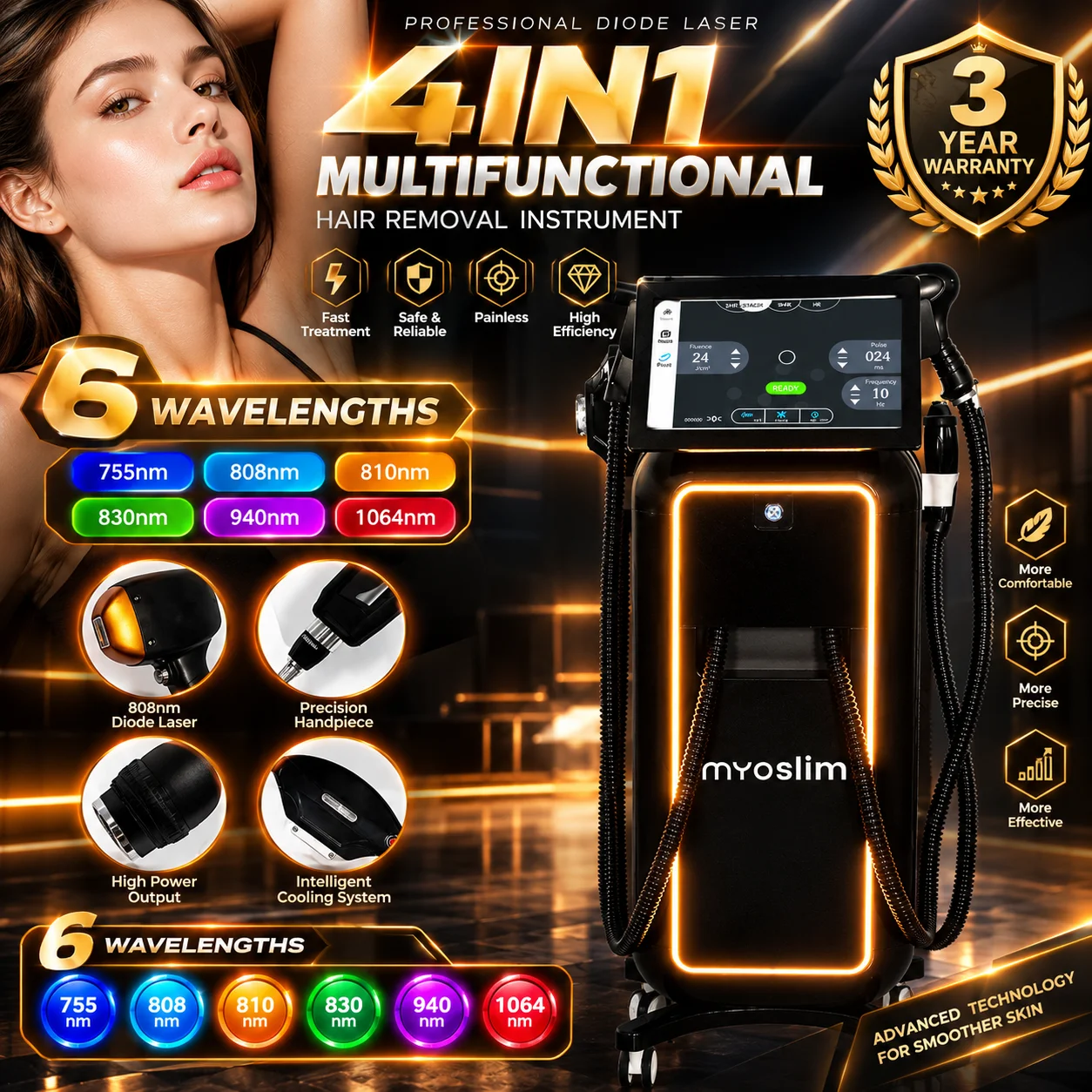 Professional 5000W 10Bars 4-in-1 Diode Laser 4 Wavelength IPL Hair Removal Device Pico Laser RF Photorejuvenation Device