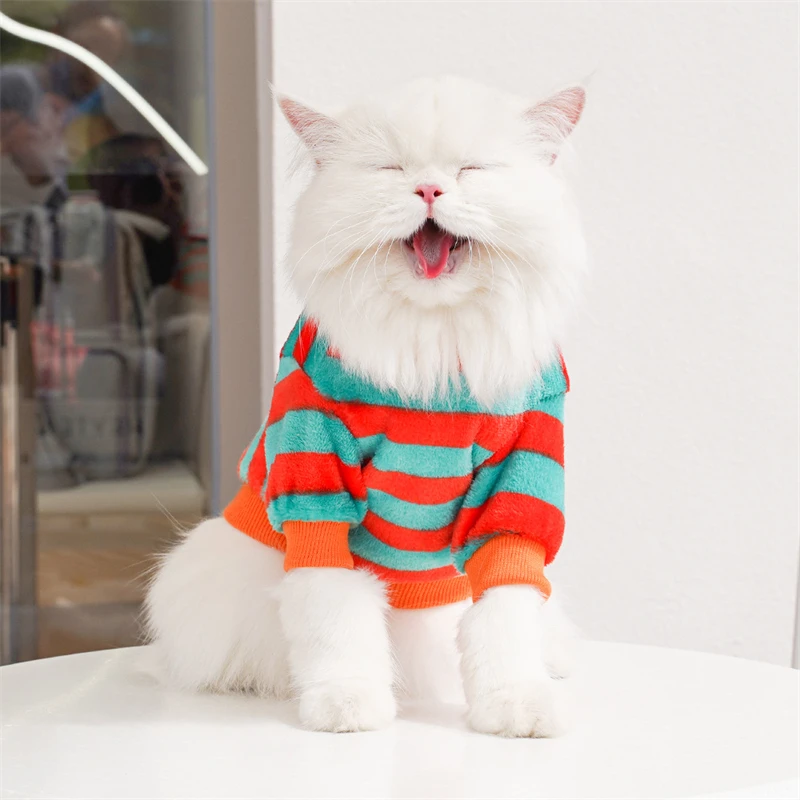 Light Striped Pet Winter Clothes for Small Dogs Embroidery Puppy Warm Flannel Sphinx Cat Sweatshirt Unisex York Pet Overalls