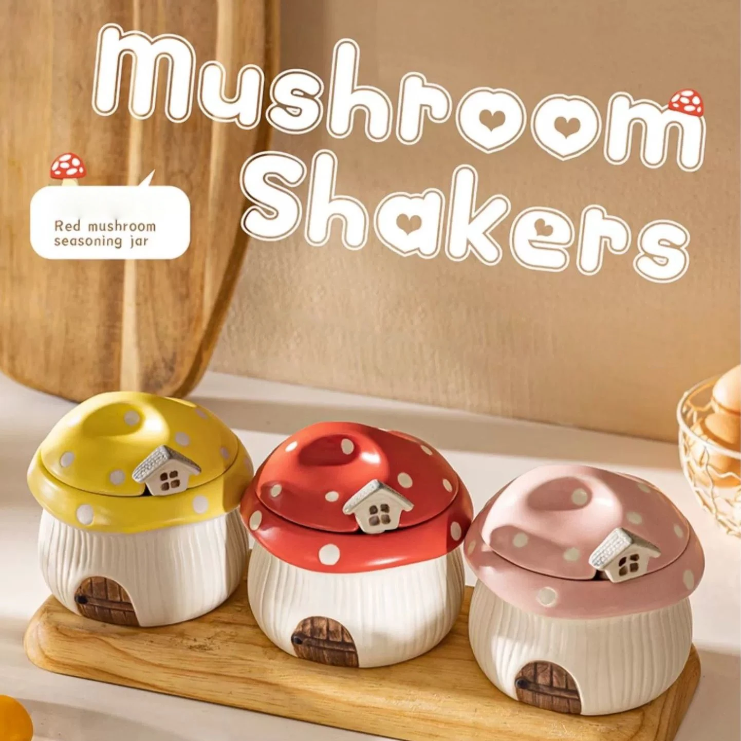 Mushroom Shaped Ceramic Seasoning Jar Seasoning Bottle Kitchen Salt Jar Seasoning Jar Storage Box Household Seasoning Box ZE882