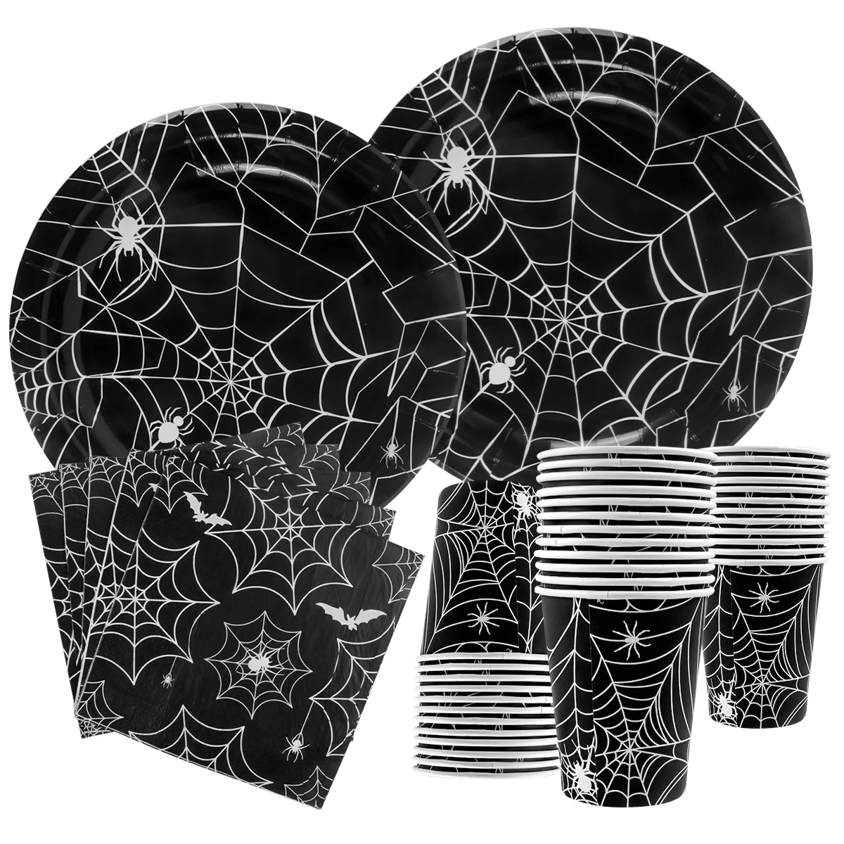 Halloween Party Spider Web Disposable Tableware Set Black Paper Plates Cups Napkin Halloween Birthday Party Decoration Supplies