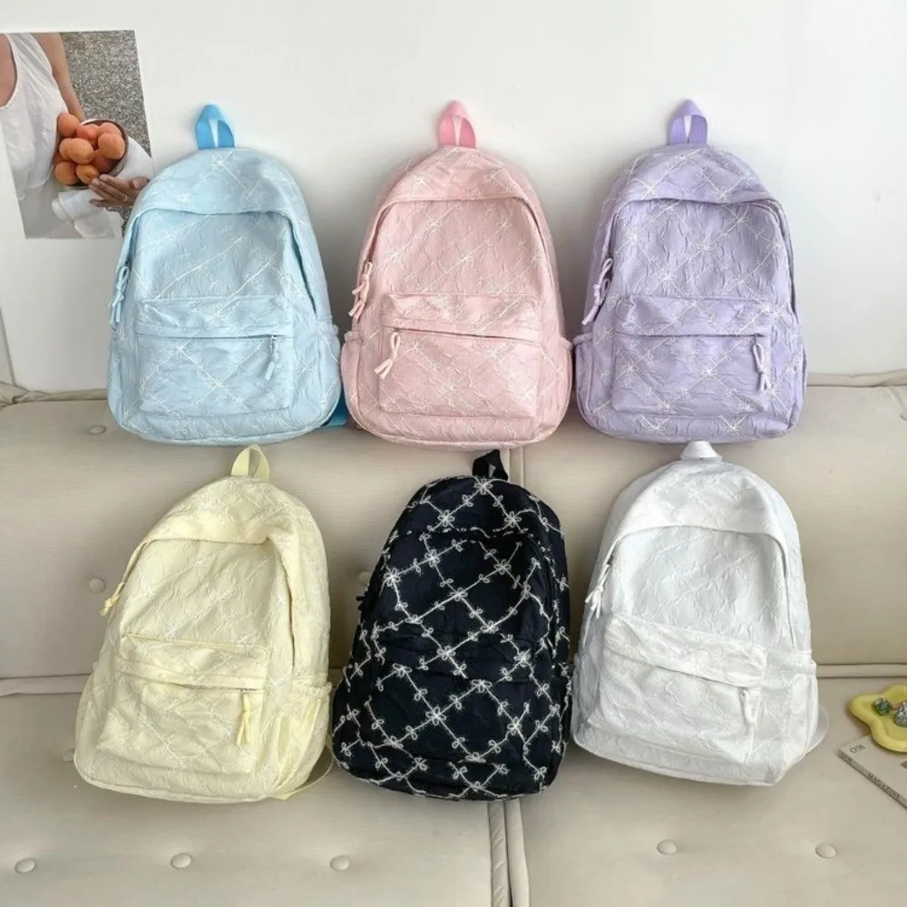 Casual Sweet Bow Backpack Solid Color Multi Pocket Nylon Rucksack Minimalist Bow Student School Bag Travel Use