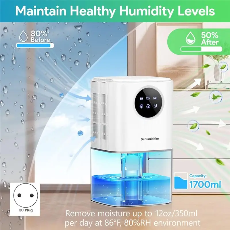 A40Z-1700ML Air Dehumidifier,Quiet Dehumidifiers Home With 7 Color LED Timer & Auto Shut-Off For Bedroom/Bathroom EU Plug