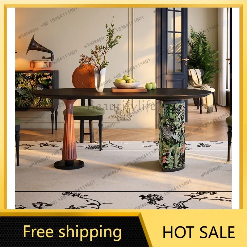 YJ Solid wood dining table French retro home oval dining table American medieval black ash wood dining table