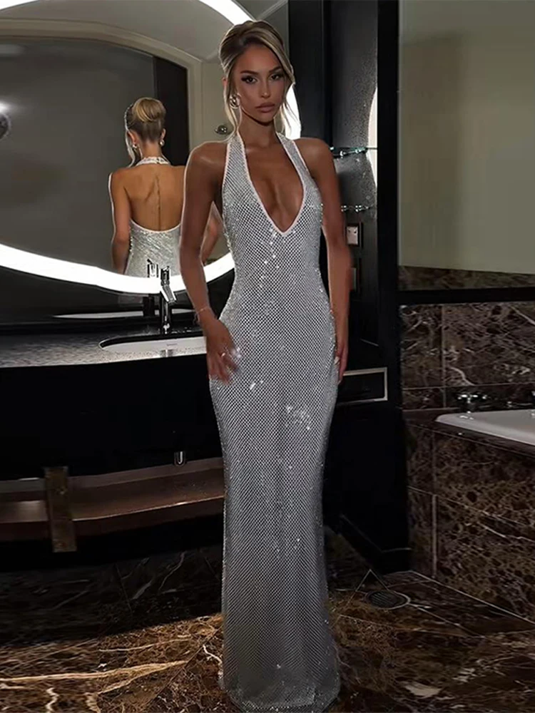 

Shine Halter Maxi Dress Lady Spring Summer Slim Backless V-neck Evening Dresses Woman Floor-length Elegant Robe Women Party