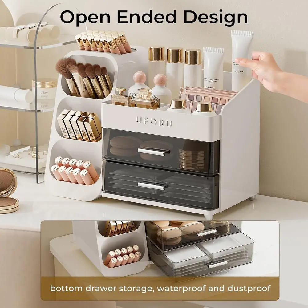 Makeup Organizer Countertop Vanity Bathroom | Large Capacity, Thickened Plastic, 2 Clear Drawers, Compact Size, Detachable Brush view 5