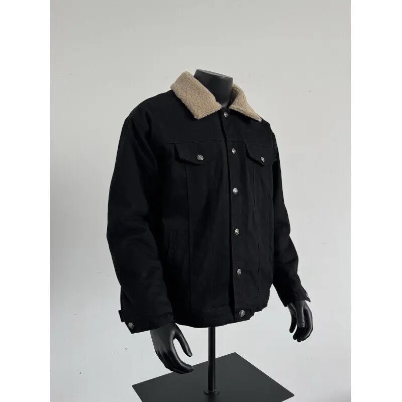

Warm cotton jacket for autumn and winter, loose lambskin cotton jacket with winter fleece, men's denim jacket