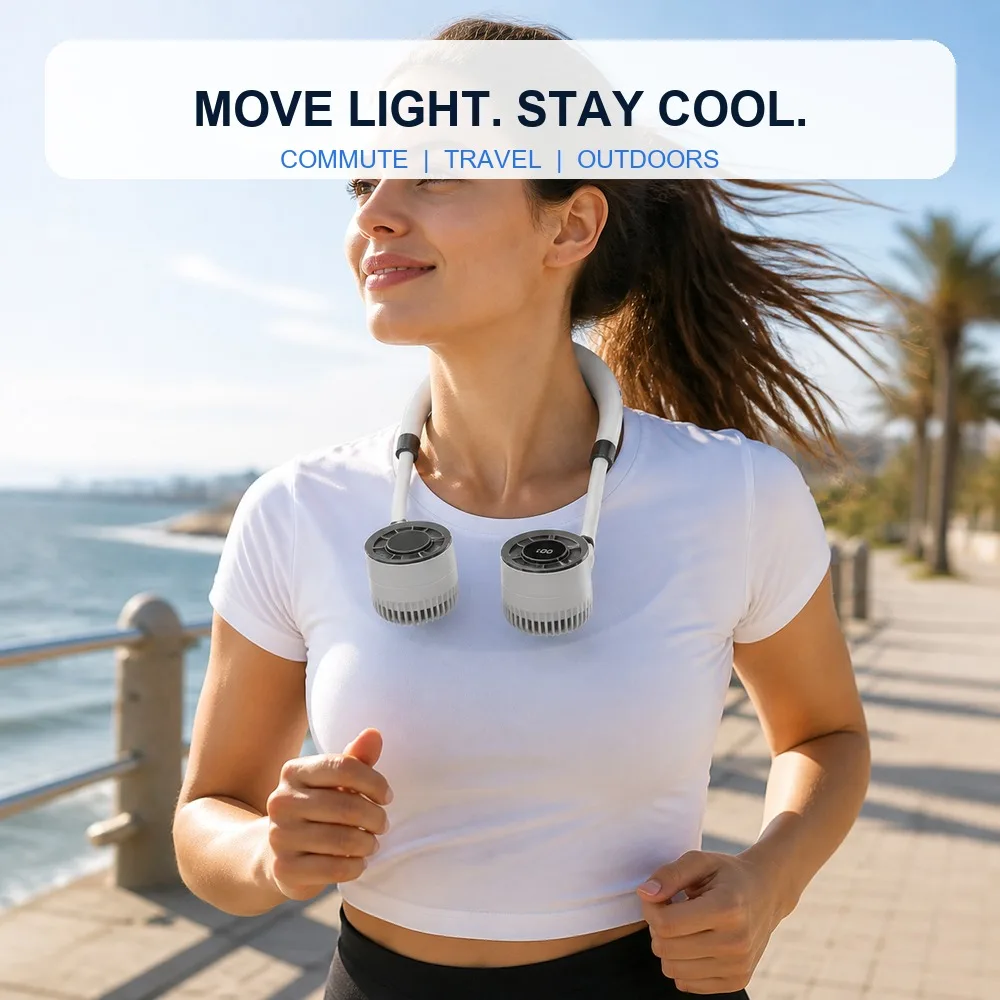 Wearable Neck Fan with LED Display, 100-Level Adjustable Dual Turbine Cooling, USB-C Rechargeable Hands-Free Fan for Travel