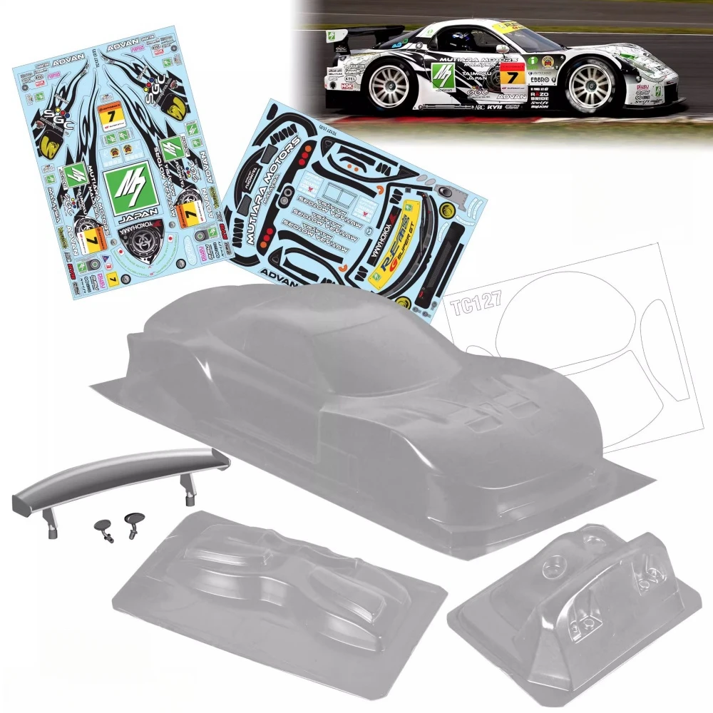 TC127 1/10 Mazda RX7 SGC-7 Clear Lexan body 190mm W/Rear Wing + Mirrors and Light Buckles for 257mm Wheelbase Tamiya tt01 tt02