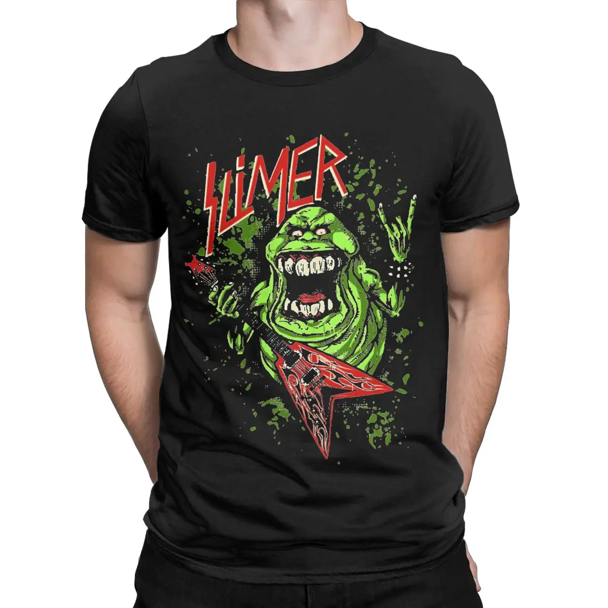 Men T-Shirt SLIMER Ghostbuster Movie Vintage Pure Cotton Tees Short Sleeve T Shirts Round Neck Tops Summer