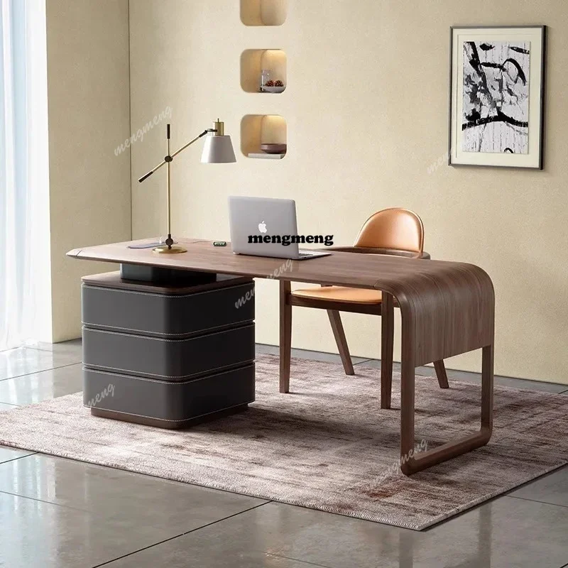 

E182 Italian minimalist desk designer home desk premium walnut saddle leather writing table