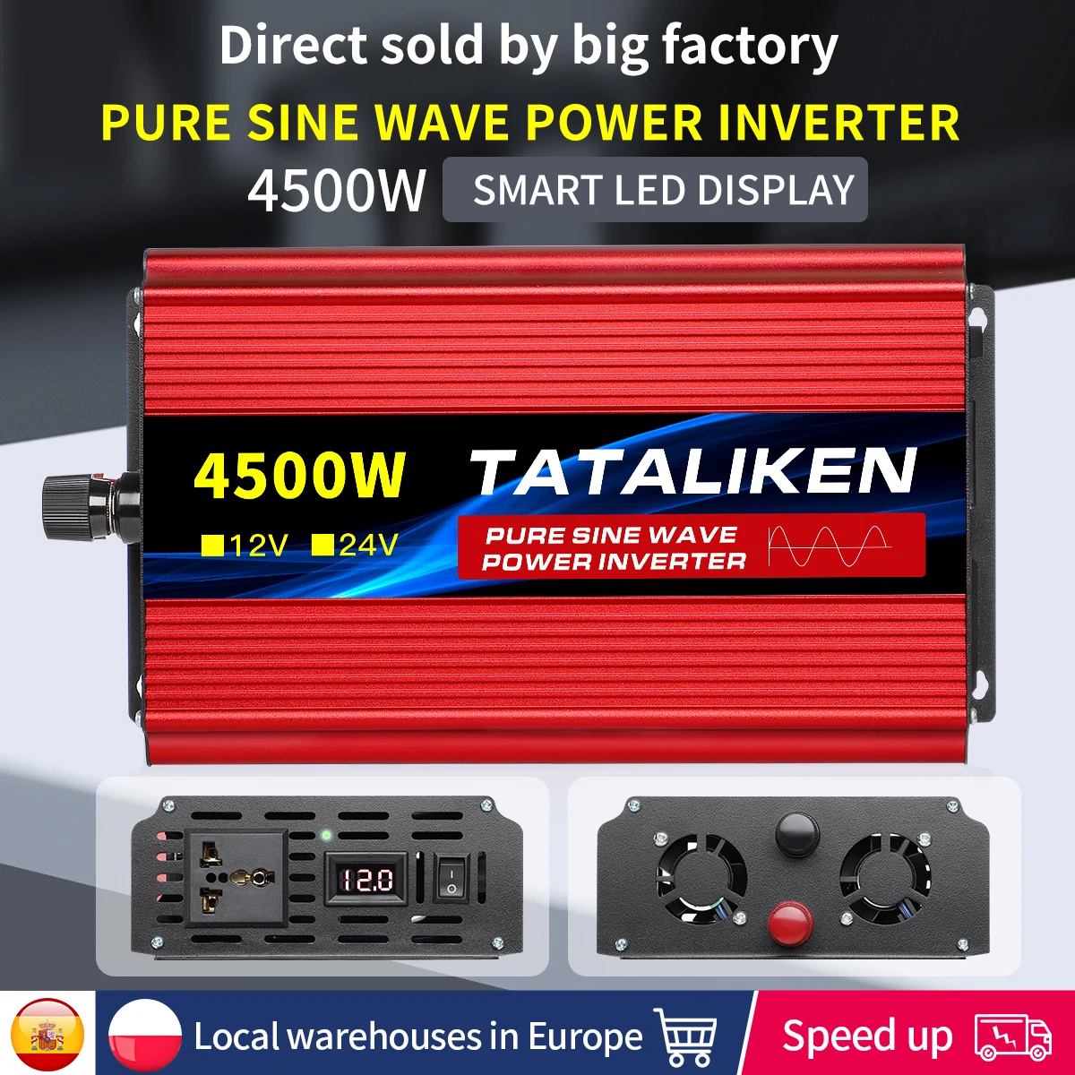 Power Inverter Pure Sine Wave 5000 Watt 12V DC to 230V/240V AC Converter Car Inverter with  Two Cooling Fans