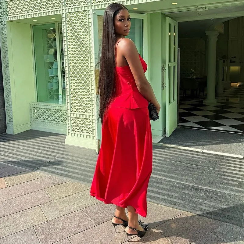Tie Strap Printed Set Maxi Length Sweet Fresh Style with Fresh Sweet Style Sleeveless Midi Skirt Shirt Top Casual for Women