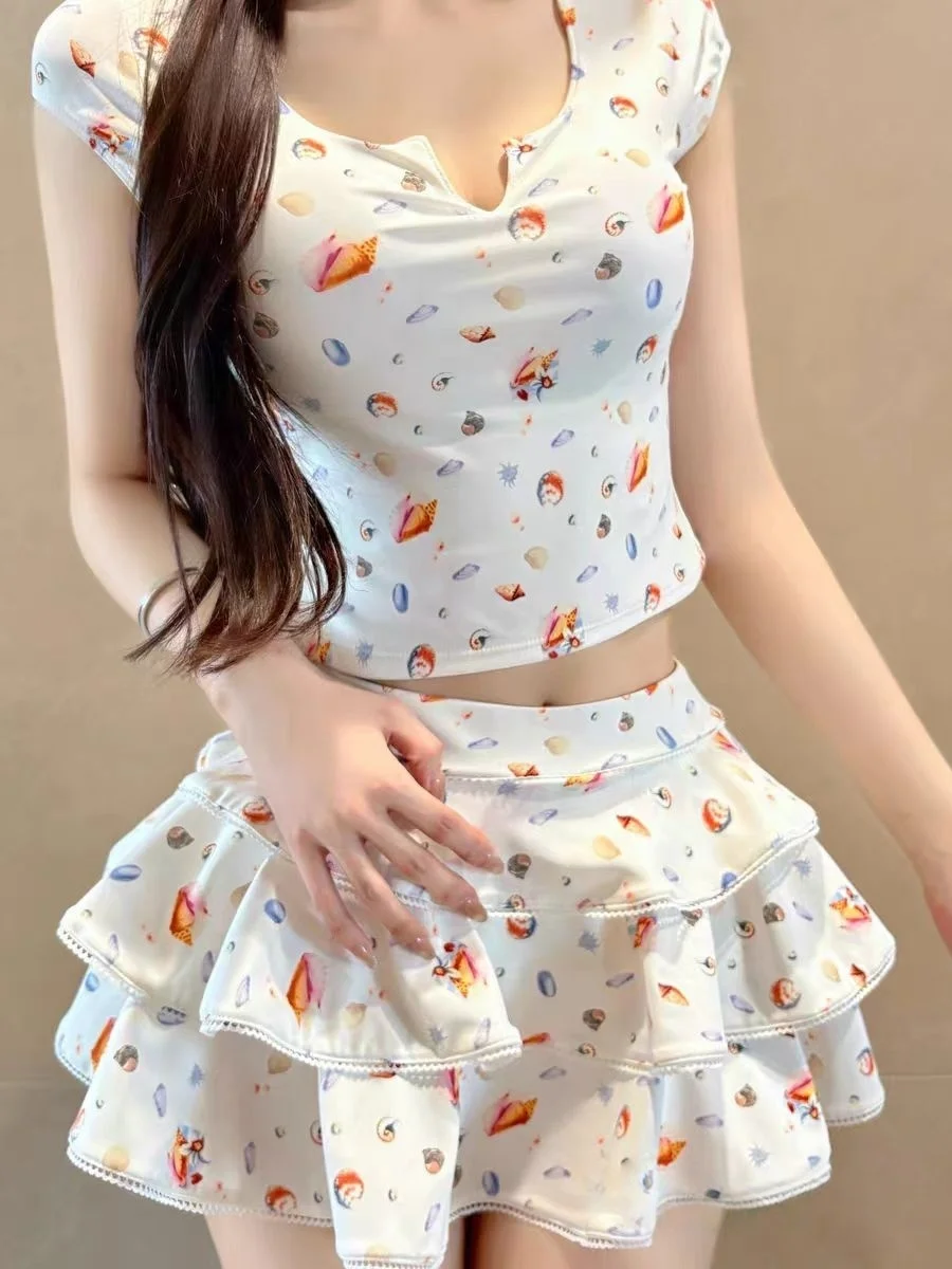 

Print Bikini Pure Desire Sexy Sweet Cute Beach Vacation Swimsuit Women's Ins Style Beachwear Short Sleeve Skirt Style