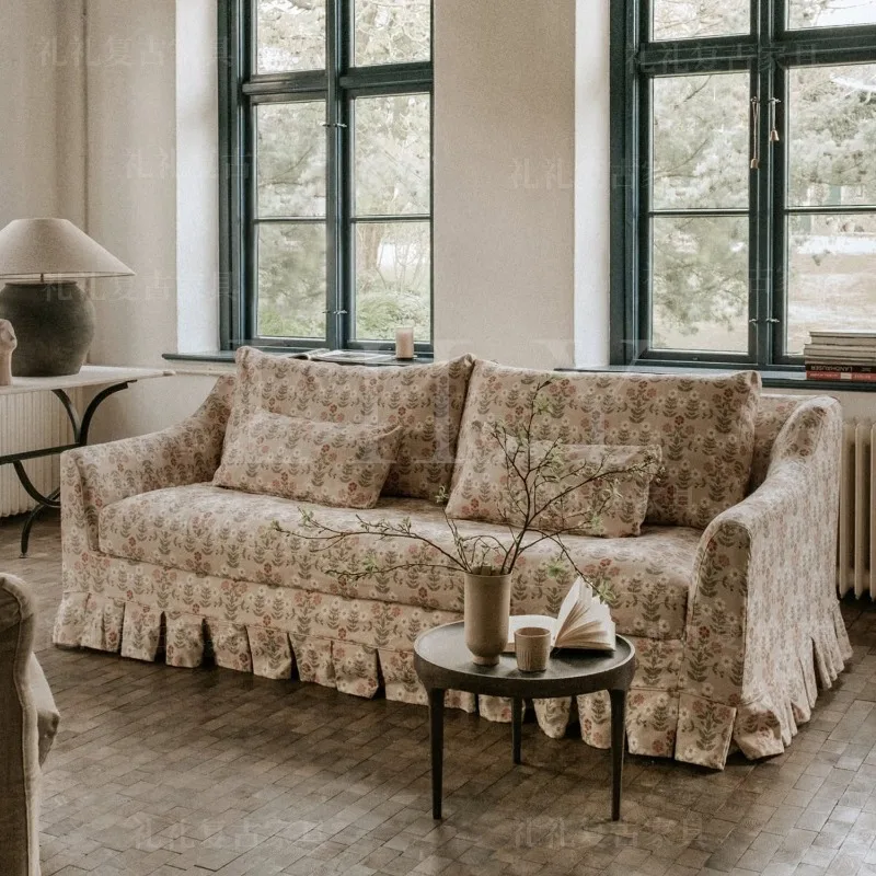 Farlove French retro solid wood sofa American pastoral printing sofa small apartment living room bedroom single chair