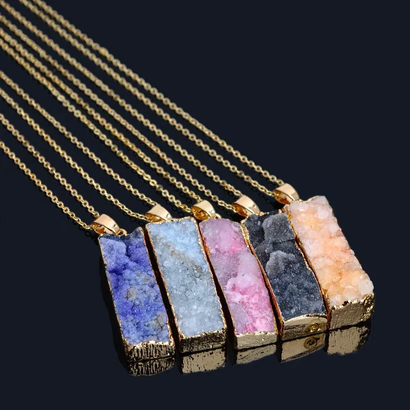 Gold Color Bezel Raw Natural Stone Healing Power Quartz Pendant Druzy Necklace