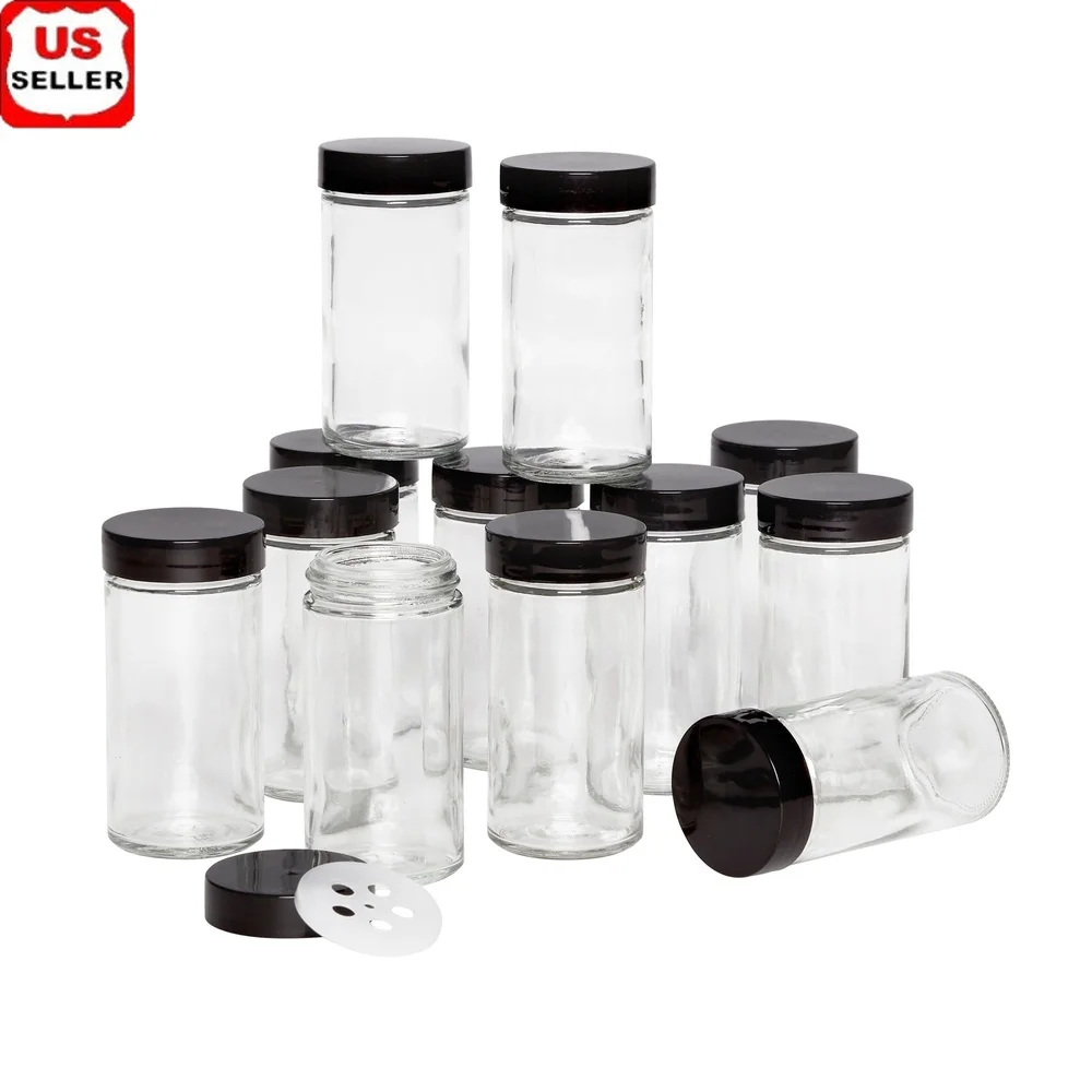 

Set of 12 Glass Spice Jars 3oz with Black Sifter Lid Organizing Containers Office Kitchen Crafts