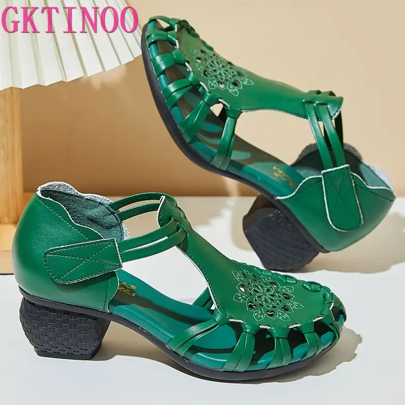 GKTINOO 2024 Ethnic Style Comfortable High Heels Platform Genuine Leather Lady Shoes Hollow Women Beach Summer Sandals Non-slip