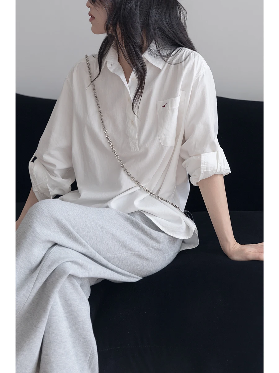 

Женская осенняя повседневная блузка с вышивкой, открытым воротником, свободного кроя, из чистого хлопка, белая, с длинным рукавом, дизайн Sensibili