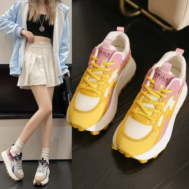 Design sneakers woman daddy shoes ins retro 2024 all match thick sole waffle shoes casual sports Forrest Gump shoes women