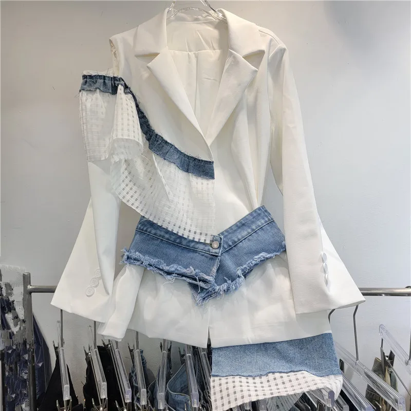 Heavy Industry Denim Splicing Blazer Women 2024 New High-end Design Single Shoulder Hollow Loose Suit Top Hipster Jacket