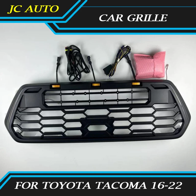 Car Front Bumper Grille Fit for Toyota Tacoma 2016-2022 with Small Yellow Lights and Letters ABS Black Grille Car Exterior Parts